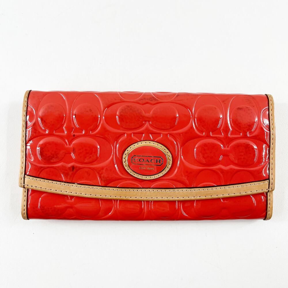 Coach Vintage Patent Leather Embossed Bi Fold Long Wallet Orange